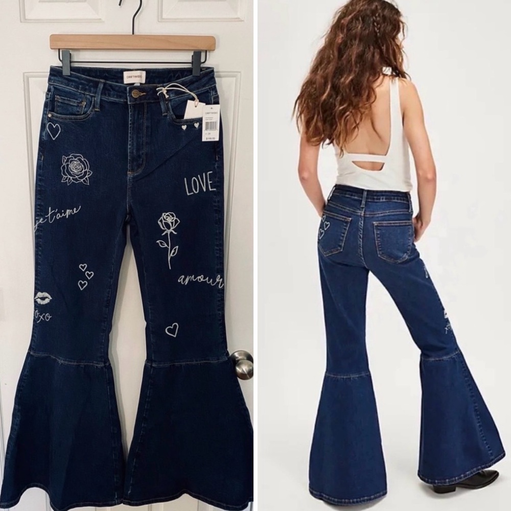 DRIFTWOOD Dark Blue Embroidered Love Notes Flare Jeans